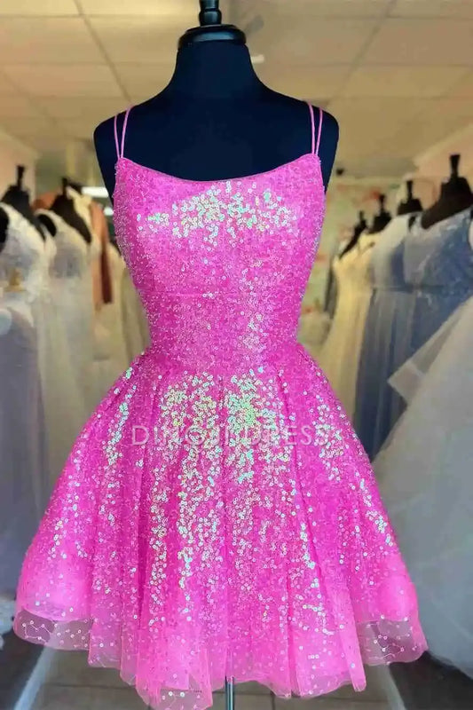 DingJiDress Short Dress Sequin A-Line Spaghetti Strap Backless Sparkle Hot Sale Homecoming Dress