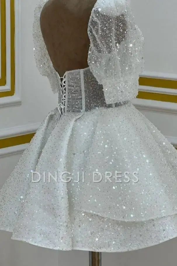 DingJiDress Short Dress Sequin A Line Sweetheart Puff Sleeves Backless Sparkle Hot Sale Homecoming Dress