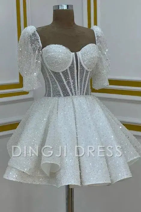 DingJiDress Short Dress Sequin A Line Sweetheart Puff Sleeves Backless Sparkle Hot Sale Homecoming Dress
