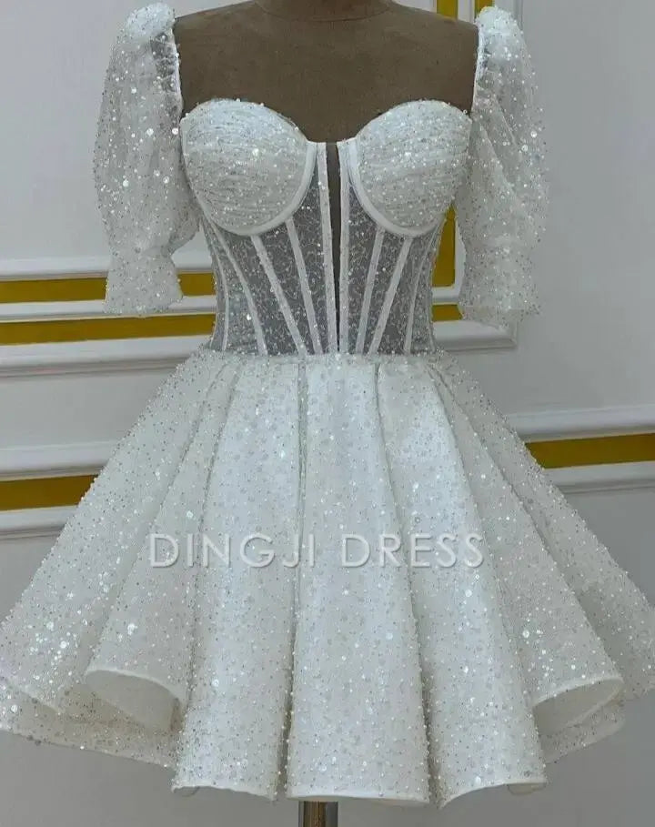 DingJiDress Short Dress Sequin A Line Sweetheart Puff Sleeves Backless Sparkle Hot Sale Homecoming Dress
