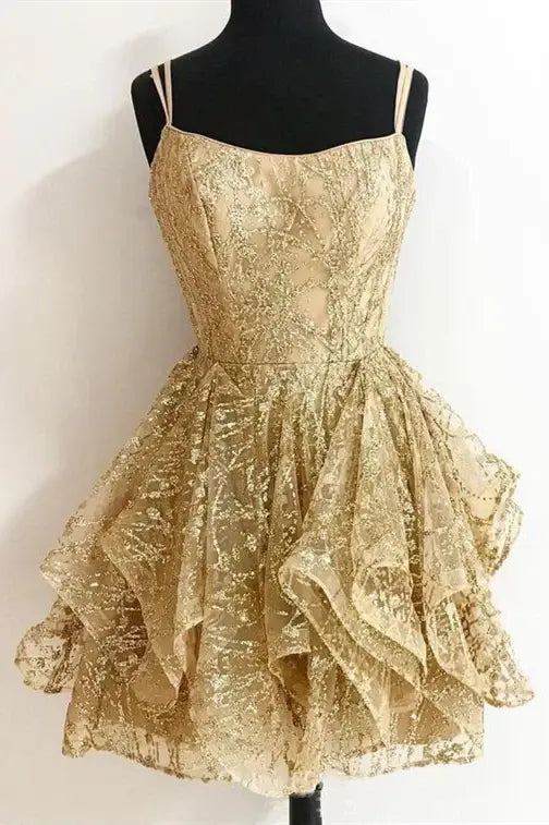 DingJiDress Short Dress Sequined A-line Spaghetti Strap layered Ruffles Fashion Hot Sale Homecoming Dress