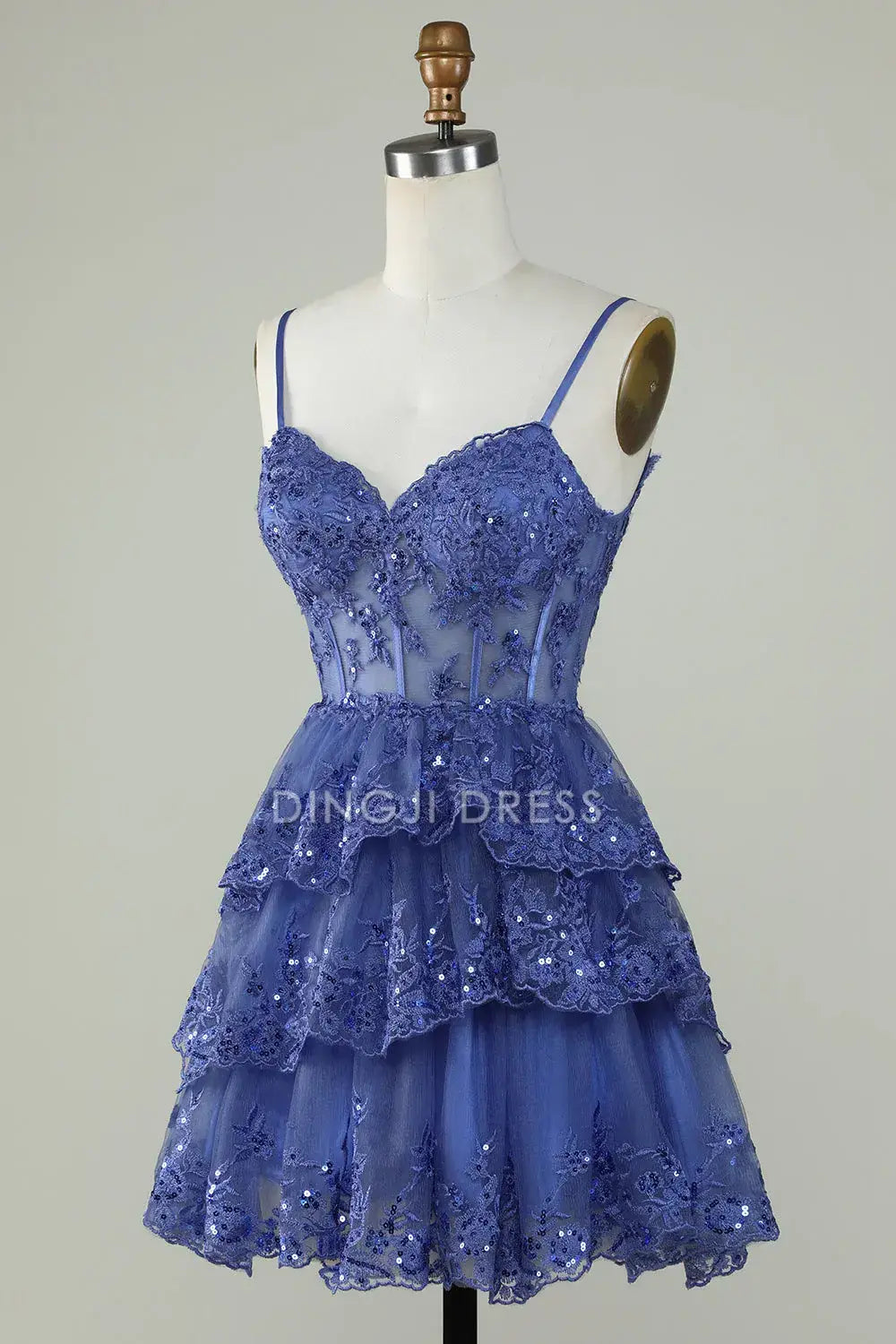 DingJiDress Short Dress Sparkle A Line Corset Sweetheart Neckline Spaghetti Strap Sequins Layered Ruched Exquisite Hot Sale Homecoming Dress