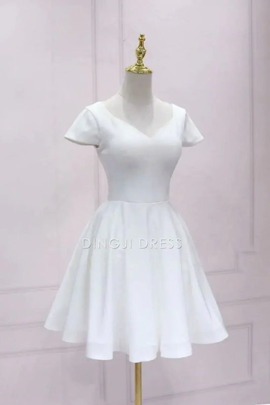 DingJiDress Short Evening Dress A Line V Neck Cap Sleeves Back Lace Put Together Bow Elegant Cocktail Dress Hot Sale Homecoming Dress
