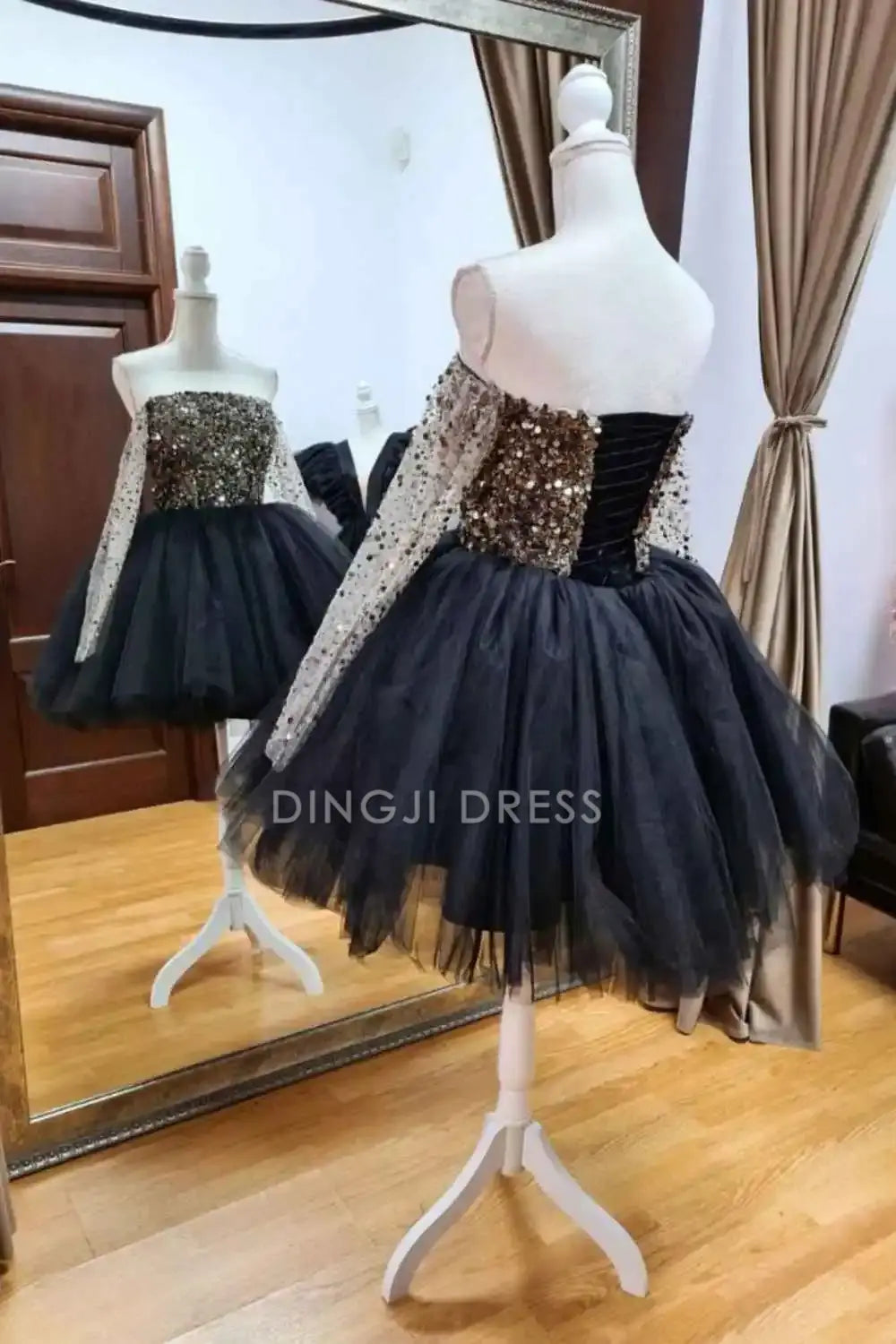 DingJiDress Short Evening Dress Ball Gown Sequin A Line Off The Shoulder Long Sleeves With Beading Sparkle Cocktail Dress Hot Sale Homecoming Dress