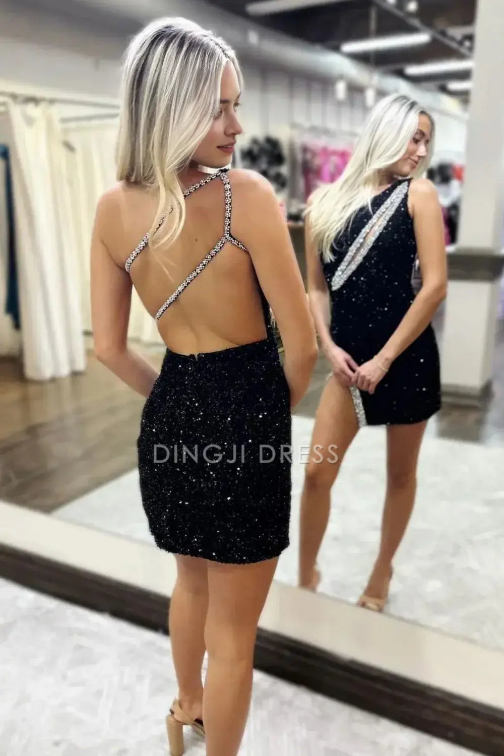 DingJiDress Short Evening Dress Black Sequin Sheath/Column One Shoulder Backless Beading With Slit Sparkle Cocktail Dress Hot Sale Homecoming Dress
