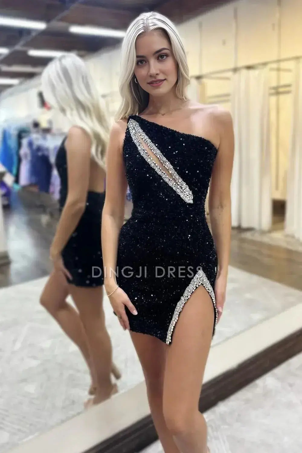 DingJiDress Short Evening Dress Black Sequin Sheath/Column One Shoulder Backless Beading With Slit Sparkle Cocktail Dress Hot Sale Homecoming Dress