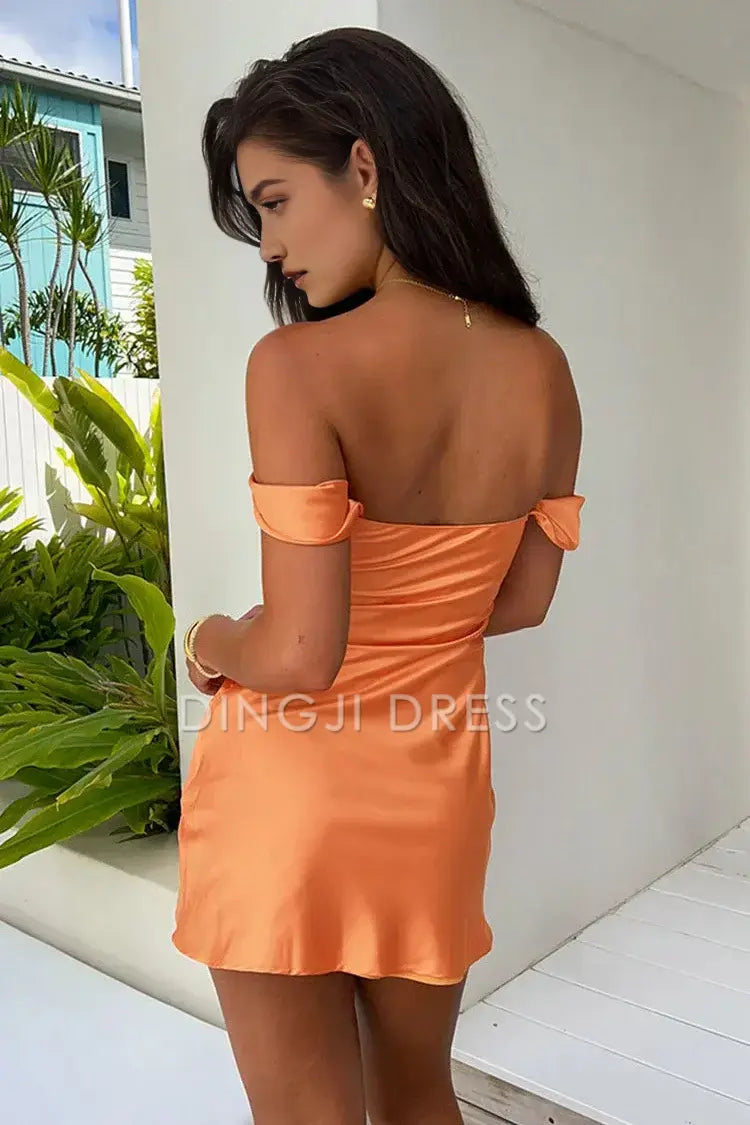 DingJiDress Short Evening Dress Chic Sheath Off The Shoulder Low-Cut With Ruched Simple Cocktail Dress Hot Sale Homecoming Dress