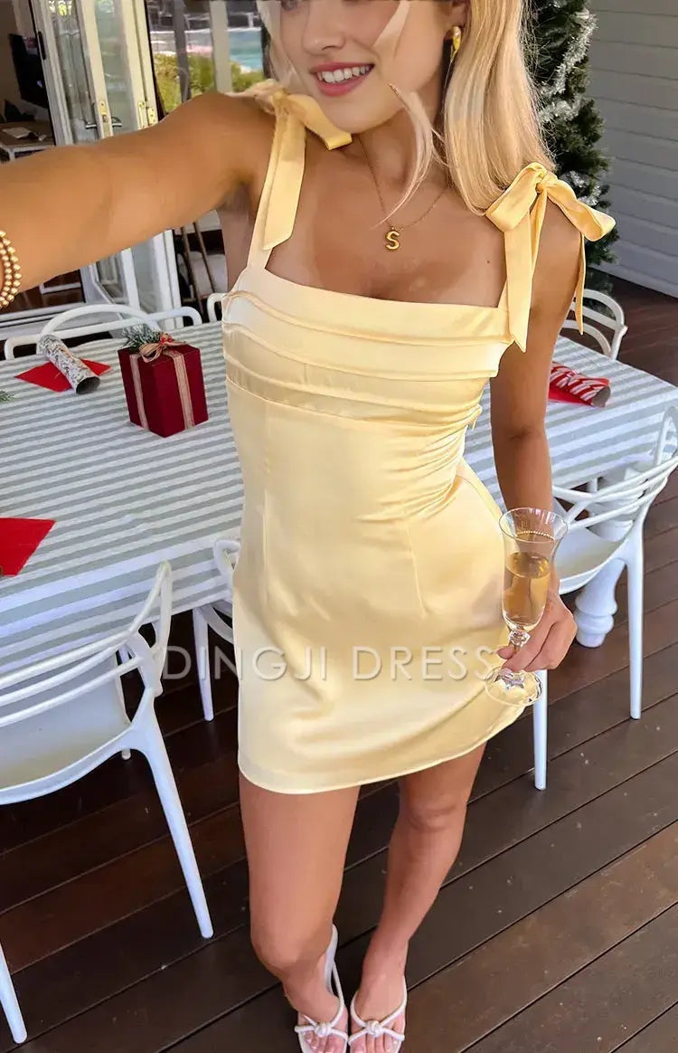 DingJiDress Short Evening Dress Chic Sheath Square Neck Spaghetti Straps Bowknot Pleated Backless Exquisite Cocktail Dress Hot Sale Homecoming Dress