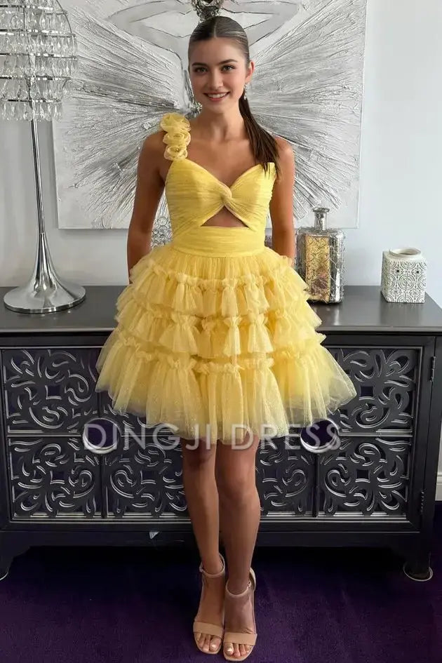 DingJiDress Short Evening Dress Cute A Line One Shoulder Keyhole Lace Up Layering Ruched Backless Exquisite Cocktail Dress Hot Sale Homecoming Dress