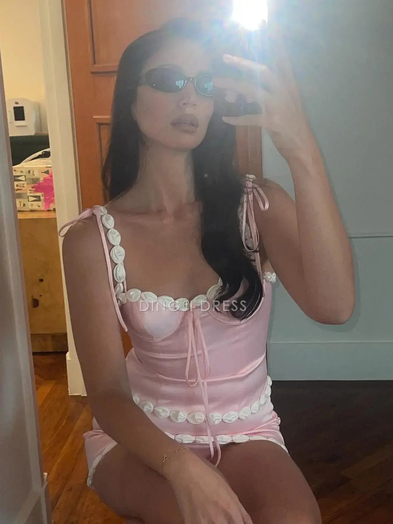 DingJiDress Short Evening Dress Cute Sheath Spaghetti Straps Sweetheart Neckline Pink With Appliques Unique Cocktail Dress Hot Sale Homecoming Dress