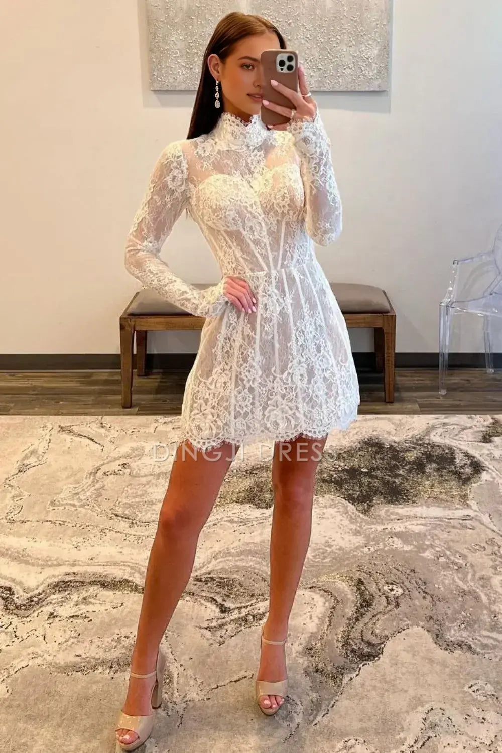 DingJiDress Short Evening Dress Exquisite Lace A-Line High Neck Long Sleeves Elegant Cocktail Dress Hot Sale Homecoming Dress