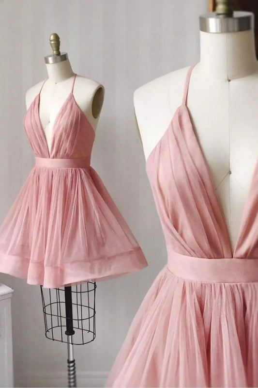 DingJiDress Short Evening Dress Pink A-Line Halter Deep V-Neck Pleated Elegant Fashion Cocktail Dress Hot Sale Homecoming Dress