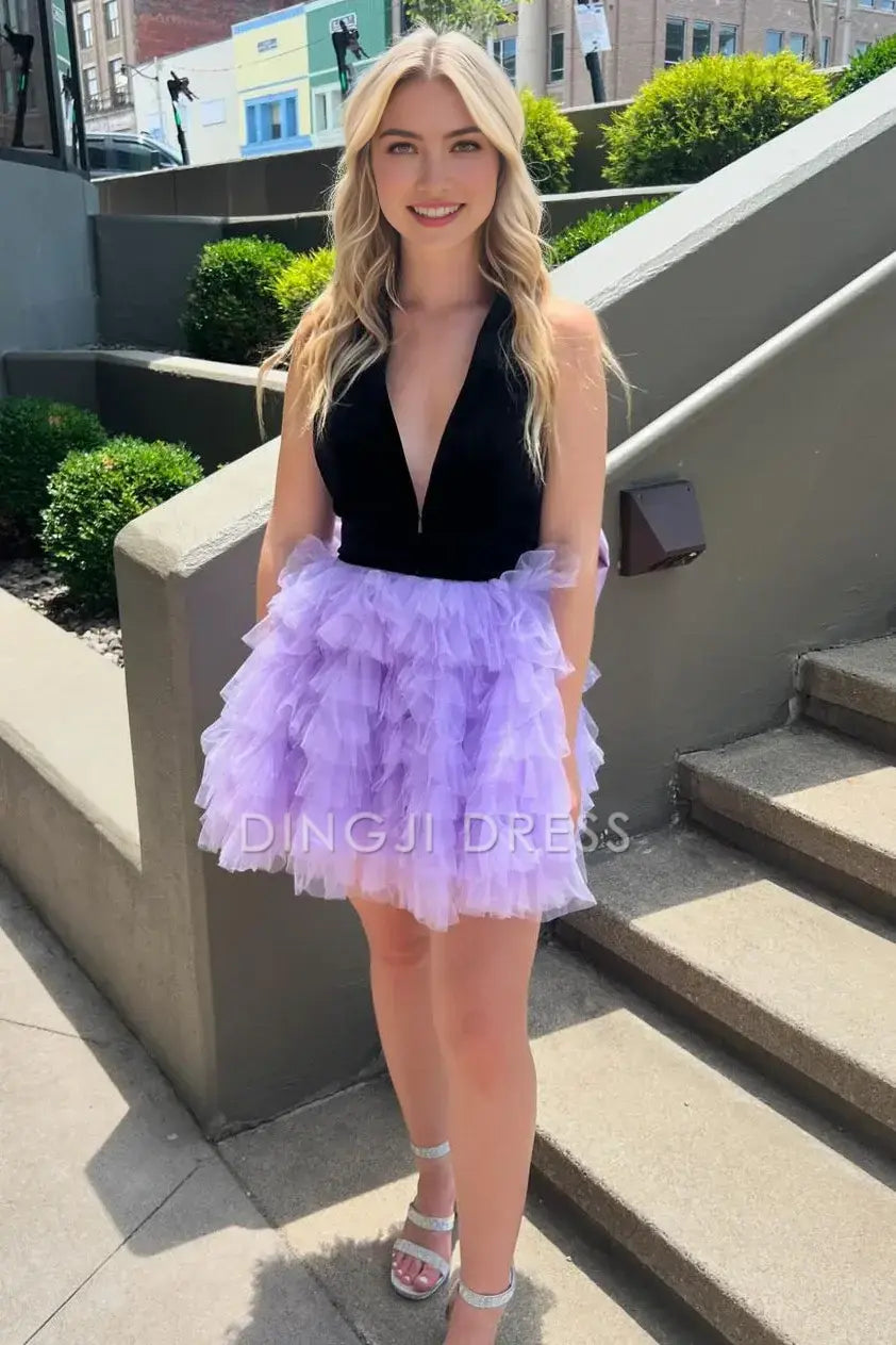 DingJiDress Short Evening Dress Romantic A-Line Deep V-Neck Open Back Layering Ruched Exquisite Cocktail Dress Hot Sale Homecoming Dress