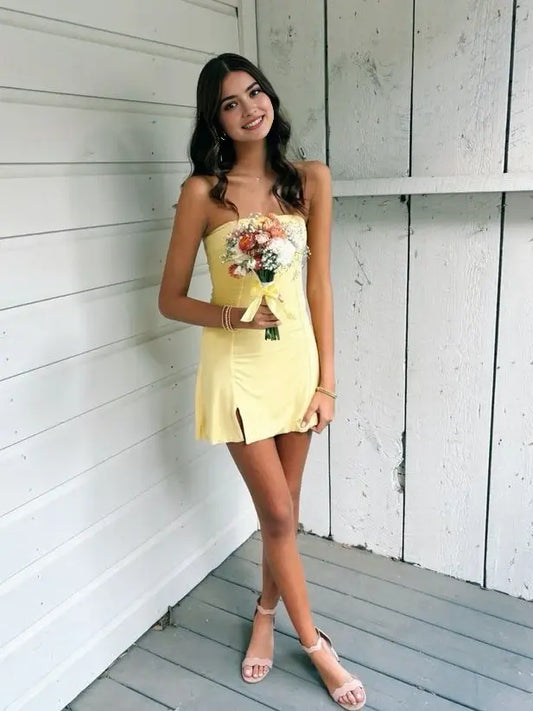 DingJiDress Short Evening Dress Simple Sheath Strapless Yellow With Slit Fashion Cocktail Dress Hot Sale Homecoming Dress