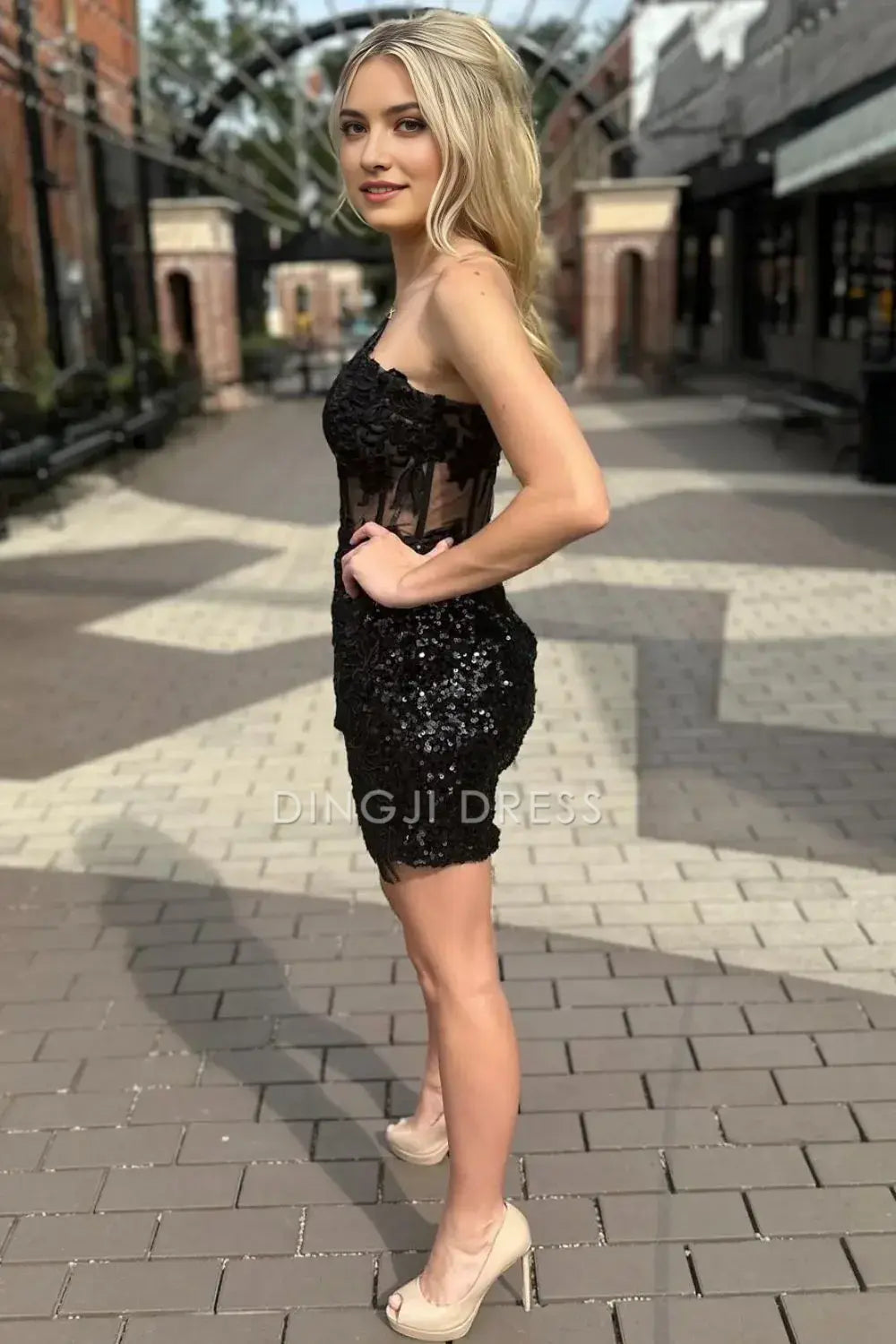 DingJiDress Short Evening Dress Sparkly Black Sheath/Column One Shoulder Appliques Fashion Cocktail Dress Hot Sale Homecoming Dress