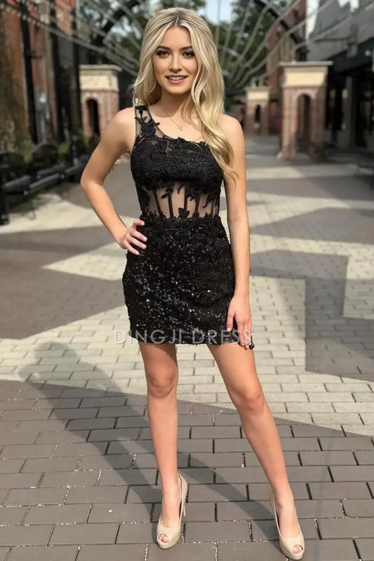 DingJiDress Short Evening Dress Sparkly Black Sheath/Column One Shoulder Appliques Fashion Cocktail Dress Hot Sale Homecoming Dress
