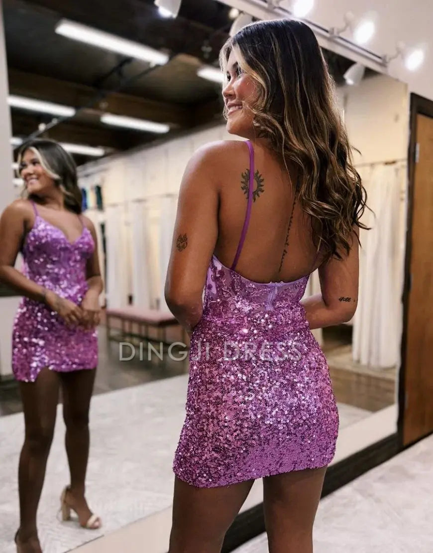 DingJiDress Short Evening Dress Sparkly Tight Spaghetti Straps V Neck Sequins Lace Applique Backless Sexy Cocktail Dress Hot Sale Homecoming Dress