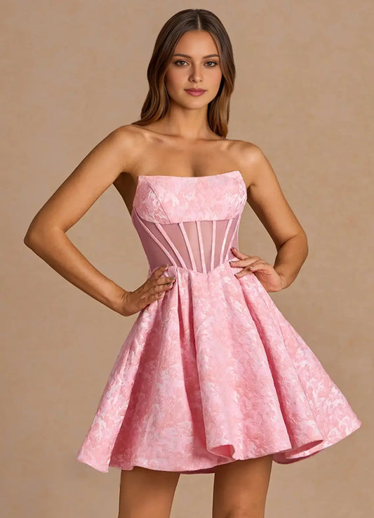 DingJiDress Short Prom Dress A Line Strapless Backless Jacquard Ruched Fashion Hot Sale Homecoming Dress