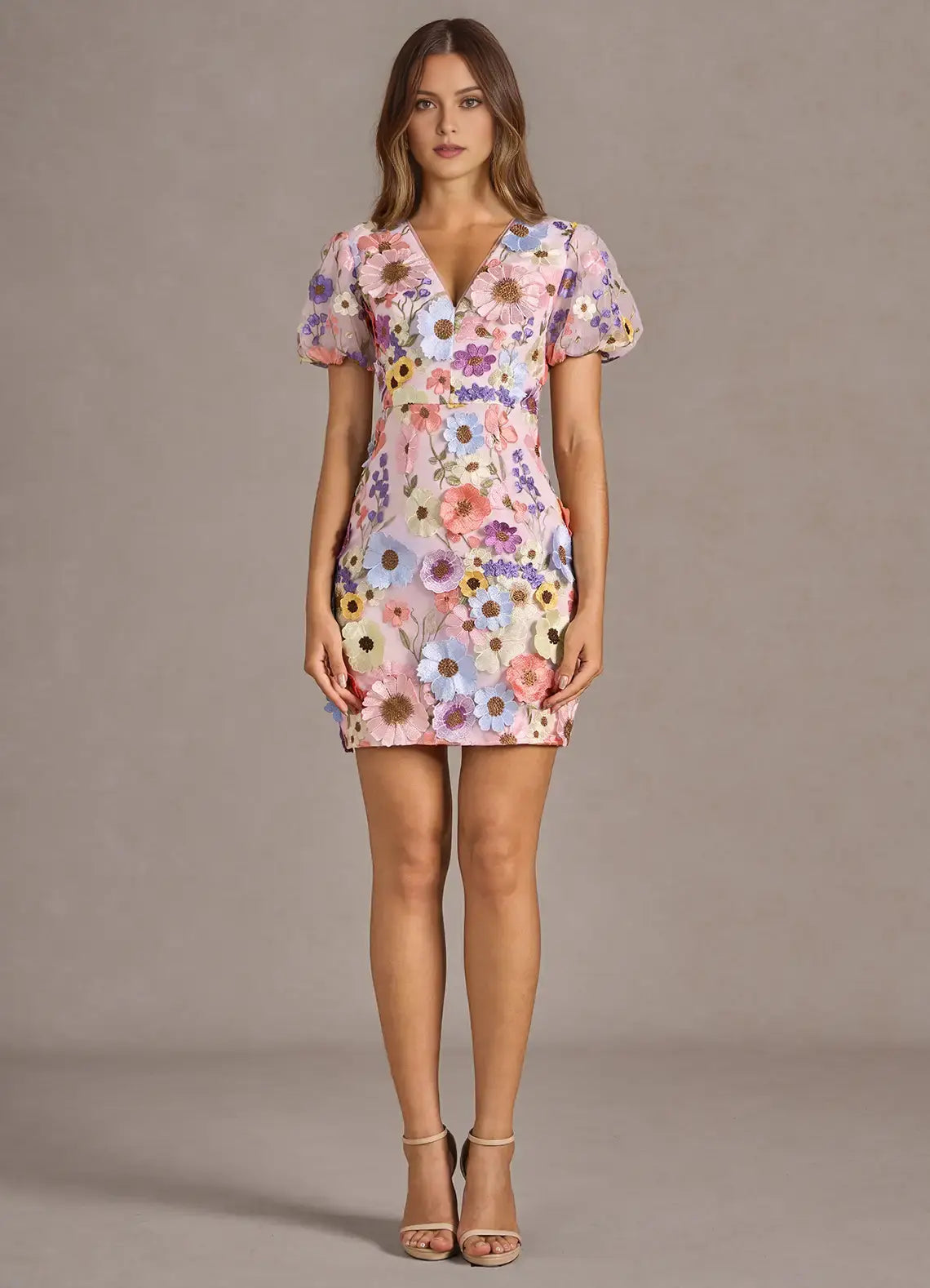 DingJiDress Short Prom Dress Sheath V Neck puff sleeves 3D Floral Hot Sale Exquisite Homecoming Dress