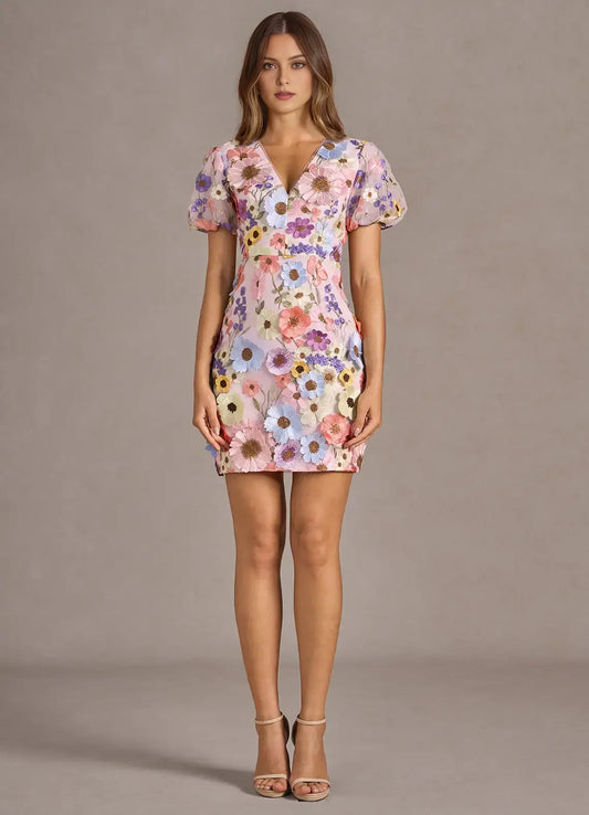 DingJiDress Short Prom Dress Sheath V Neck puff sleeves 3D Floral Hot Sale Exquisite Homecoming Dress