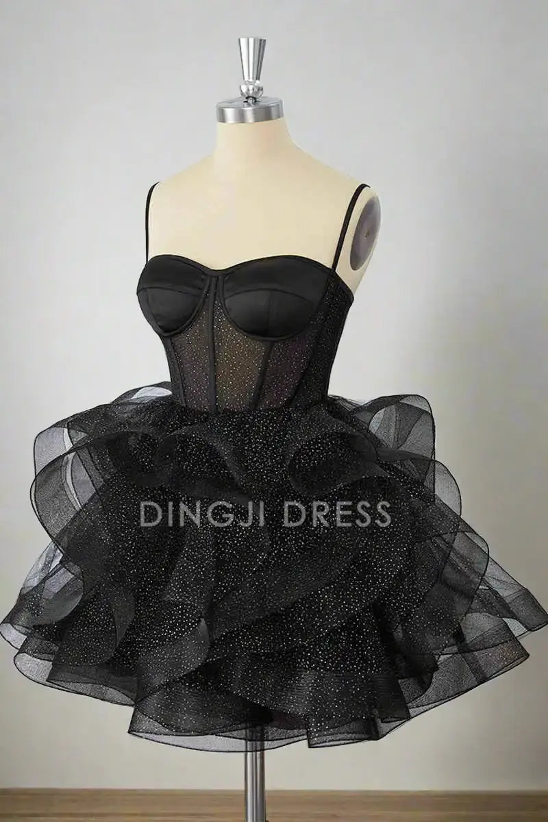 DingJiDress Sparkle A-Line Spaghetti Strap Sweetheart Neckline Tiers Ruffle Sequin Hot Sale Homecoming Dress