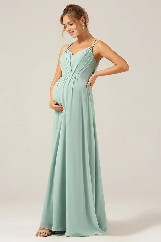 DingJiDress A-Line V Neck Double Spaghetti Straps Pleated Backless Pregnant Mother Elegant Party Dress Hot Sale Prom Dress