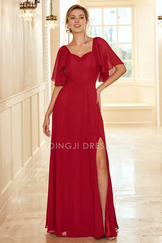 DingJiDress A Line Sweetheart Neckline Flutter Sleeves Side Fork Backless Elegant Party Dress Hot Sale Prom Dress
