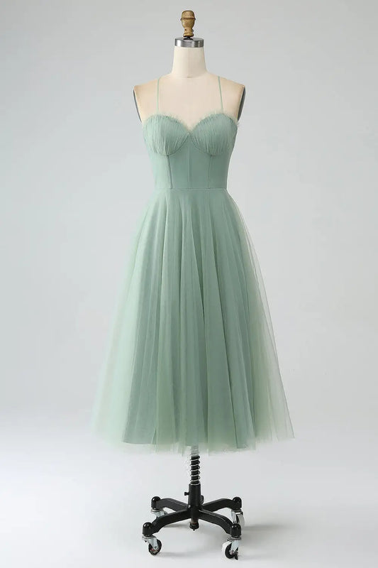 DingJiDress Exquisite A-Line Sweetheart Neckline Spaghetti Straps Backless Tea-Length Corset Tulle Party Dress Hot Sale Prom Dress