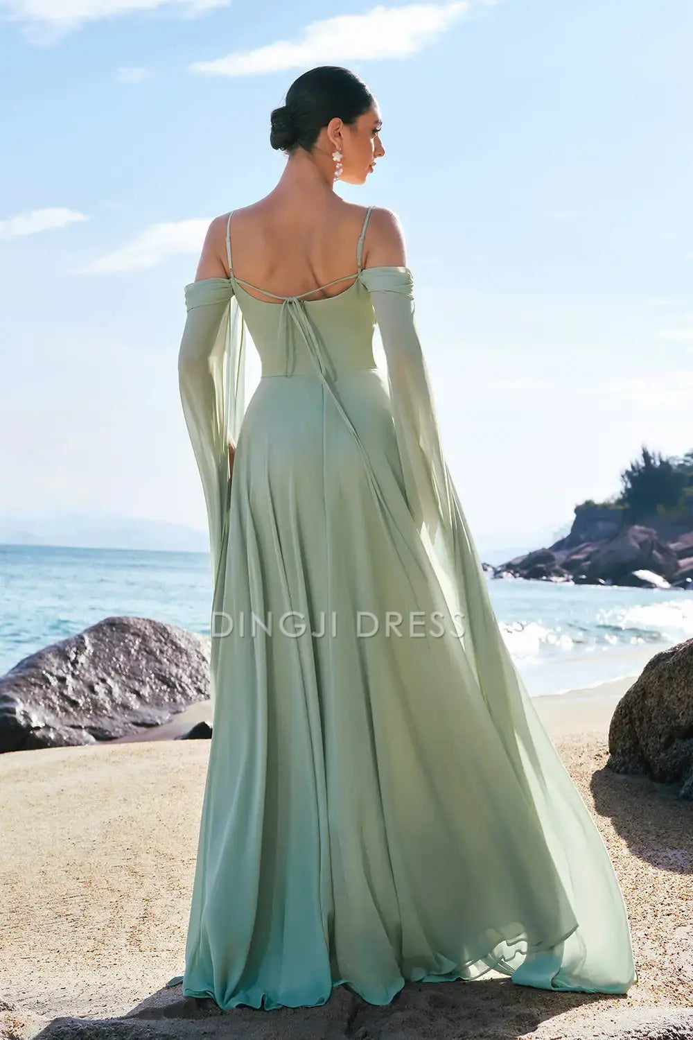 DingJiDress Hot Sale Prom Dress A-Line Spaghetti Strap Cold Shoulder Flutter Sleeves Fantastic Long Formal Dresses