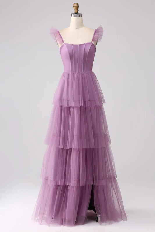 DingJiDress Hot Sale Prom Dress A-Line Spaghetti Strap Sweetheart Backless Tiered Ruched With Fork Exquisite Long Formal Dresses