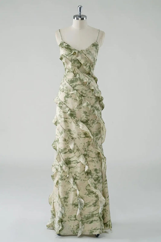 DingJiDress Hot Sale Prom Dress A Line Spaghetti Straps Printing Tiers Ruched Backless Fashion Long Formal Dresses