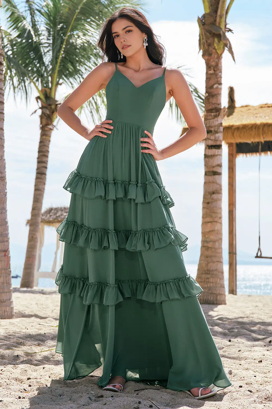 DingJiDress Hot Sale Prom Dress A Line V Neck Spaghetti Straps Backless Layering Ruffles Exquisite Long Formal Dresses