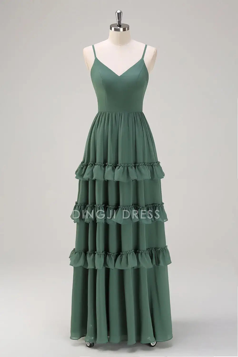 DingJiDress Hot Sale Prom Dress A Line V Neck Spaghetti Straps Backless Layering Ruffles Exquisite Long Formal Dresses