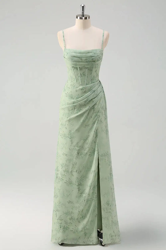 DingJiDress Hot Sale Prom Dress Sheath Corset Spaghetti Strap Pleated Floral Print With Slit Elegant Long Formal Dresses