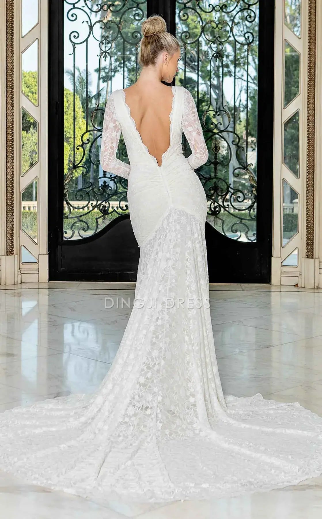 DingJiDress Hot Sale Wedding Dress Charming Mermaid Boat Neckline Long Sleeves Backless Exquisite Lace Sweep Train Formal Wear Dresses