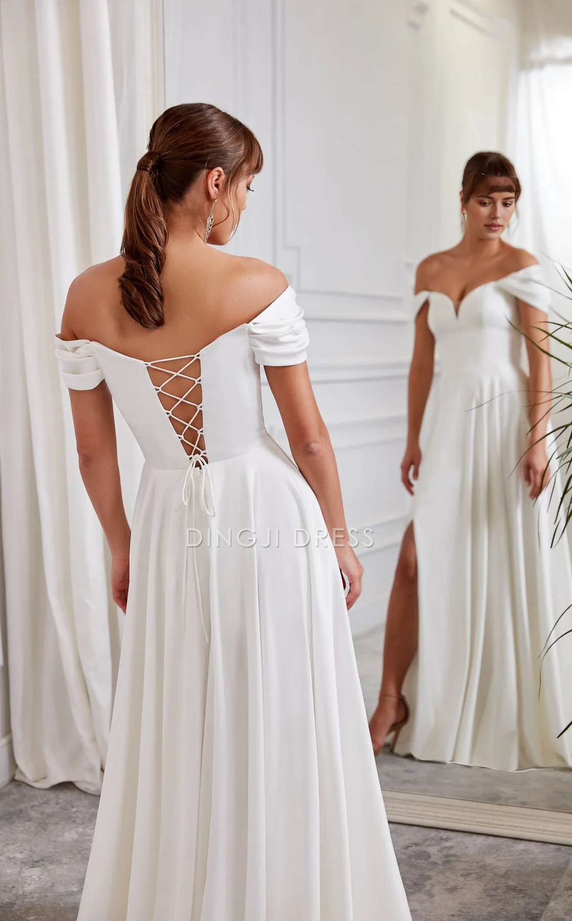 DingJiDress Hot Sale Wedding Dress Elegant A Line Off-shoulder Sweetheart Mesh Neckline Side Fork Plunging Fit-and-Flare Formal Wear Dresses