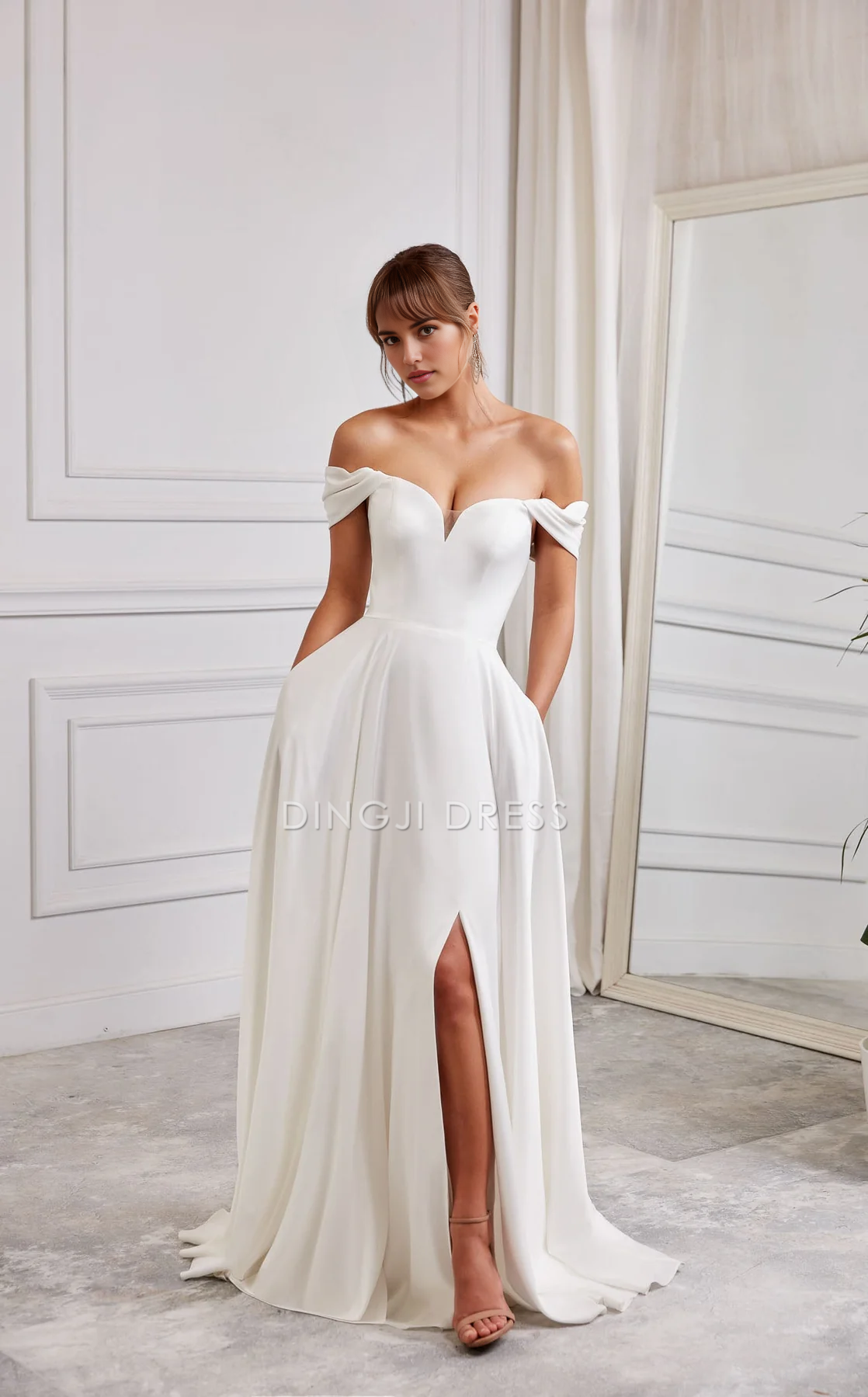 DingJiDress Hot Sale Wedding Dress Elegant A Line Off-shoulder Sweetheart Mesh Neckline Side Fork Plunging Fit-and-Flare Formal Wear Dresses