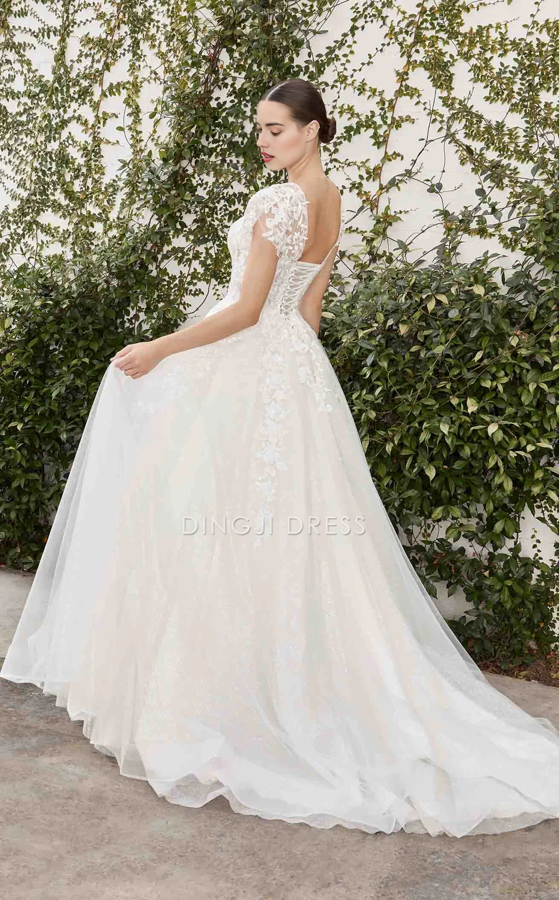 DingJiDress Hot Sale Wedding Dress Exquisite A-line Corset High Neckline with Cap Sleeves Backless Lace Applique Elegant Formal Wear Dresses