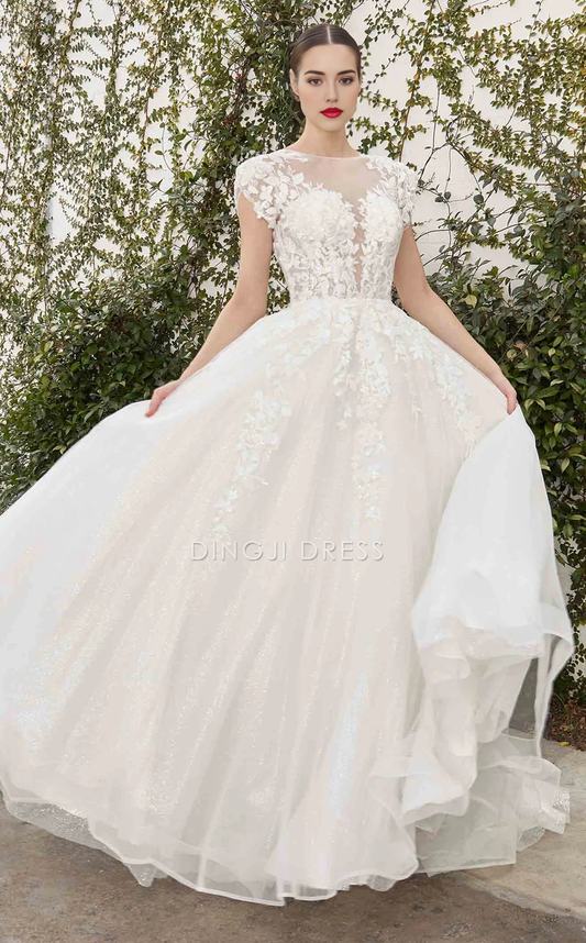 DingJiDress Hot Sale Wedding Dress Exquisite A-line Corset High Neckline with Cap Sleeves Backless Lace Applique Elegant Formal Wear Dresses