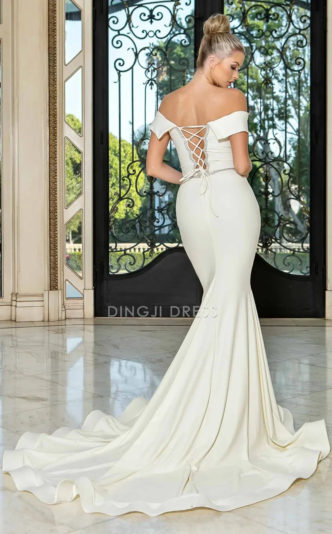 DingJiDress Hot Sale Wedding Dress Fashion Mermaid Off Shoulder V Neck Pleated Beadwork Backless Sweep Train Exquisite Formal Wear Dresses