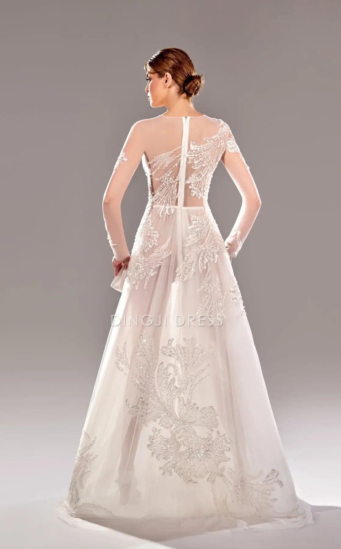 DingJiDress Hot Sale Wedding Dress Shiny A-line Round Neckline Long Sleeves Dress Gorgeous Formal Wear Dresses