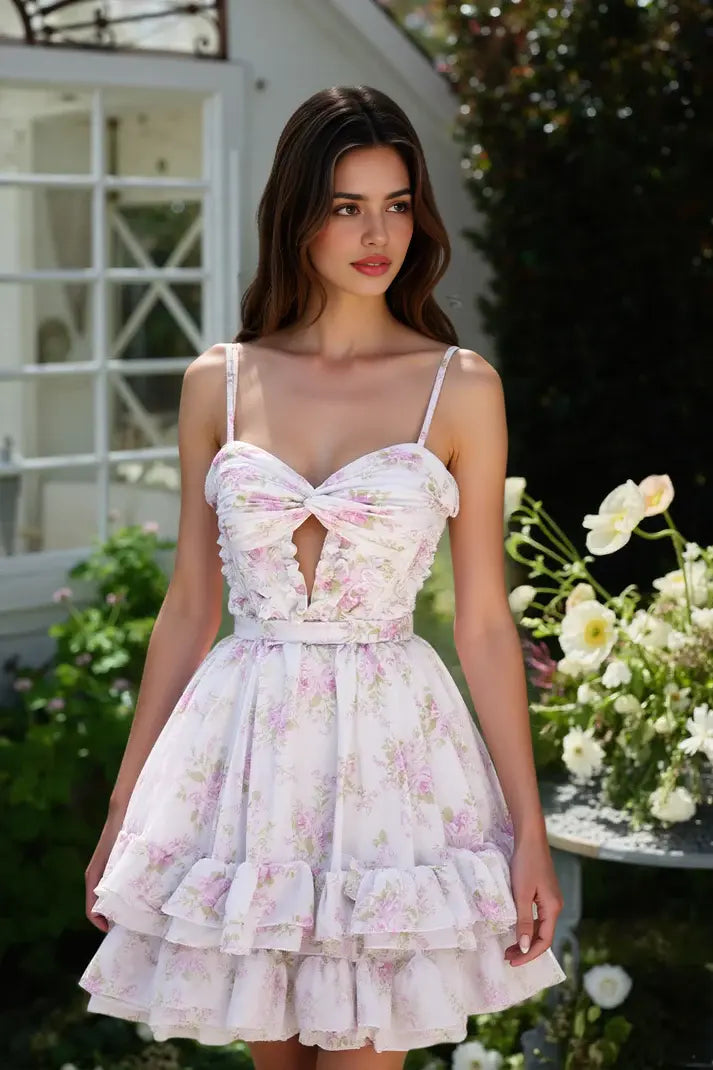 DingJiDress Mini Dress A-Line Spaghetti Strap Sweetheart Neckline Floral Prints Hollow Bodice Tiered Ruched Cute Dress Discount Hot Sale Homecoming Dress