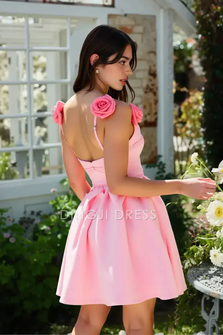 DingJiDress Mini Dress Cute A-Line 3D Flowers Shoulder Straps Hollow Backless Romantic Dress Discount Hot Sale Homecoming Dress