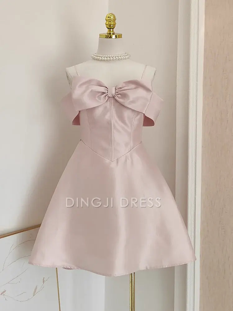 DingJiDress Mini Dress Elegant A Line Spaghetti Strap Off Shoulder Bow Neckline Chic Dress Discount Hot Sale Homecoming Dress