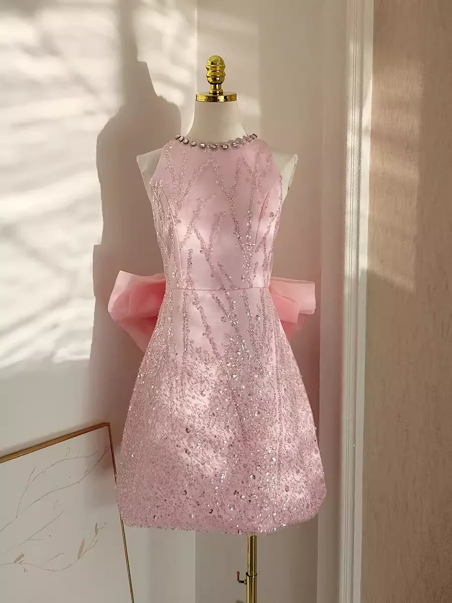 DingJiDress Mini Dress Pink Exquisite A Line Round Neck Sleeveless Sequin Bow Sparkle Dress Discount Hot Sale Homecoming Dress