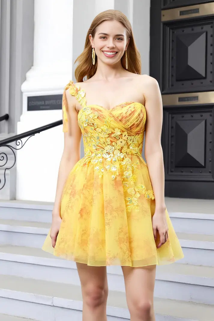 DingJiDress Mini Dress Printing A-Line One Shoulder Sweetheart Neckline Sequins Applique Backless Charming Dress Discount Hot Sale Homecoming Dress