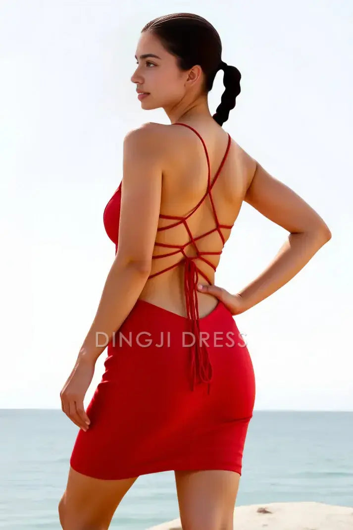 DingJiDress Mini Dress Simple Sheath V-Neck Spaghetti Strap Backless Charming Dress Discount Hot Sale Homecoming Dress