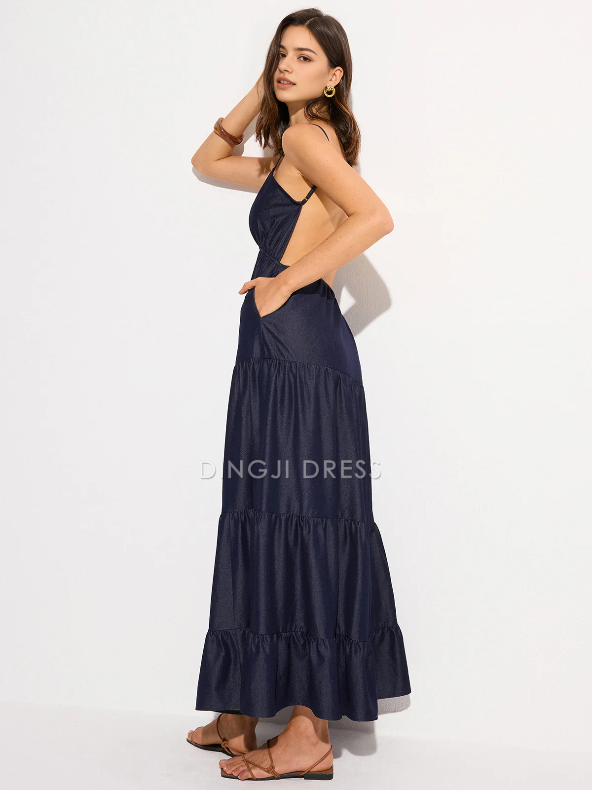 DingJiDress Party Dress A Line V Neck Spaghetti Strap Backless Tiered Charming Dress Hot Sale Prom Dress
