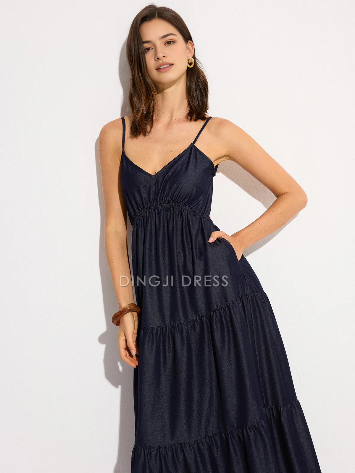 DingJiDress Party Dress A Line V Neck Spaghetti Strap Backless Tiered Charming Dress Hot Sale Prom Dress