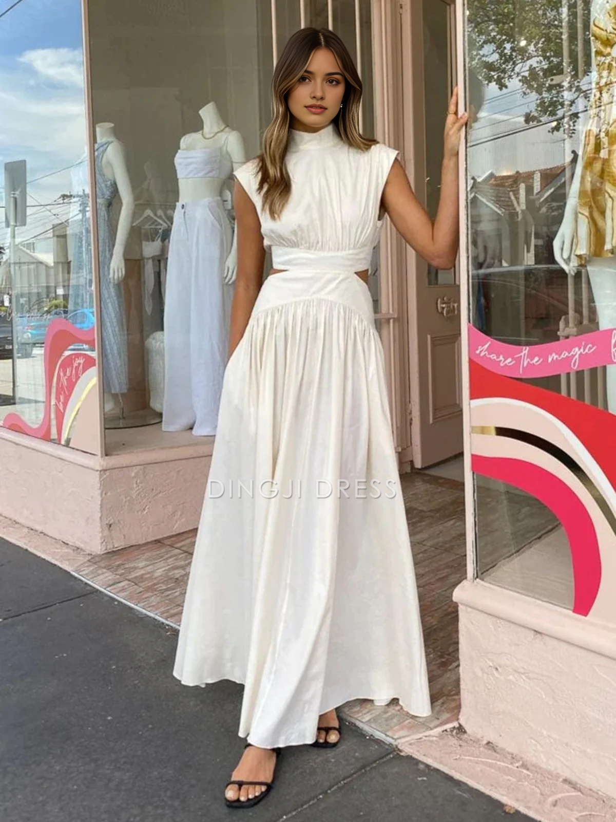 DingJiDress Party Dress Elegant A Line Mock Neck Sleeveless Cut Out Fashion Long Dress Hot Sale Prom Dress